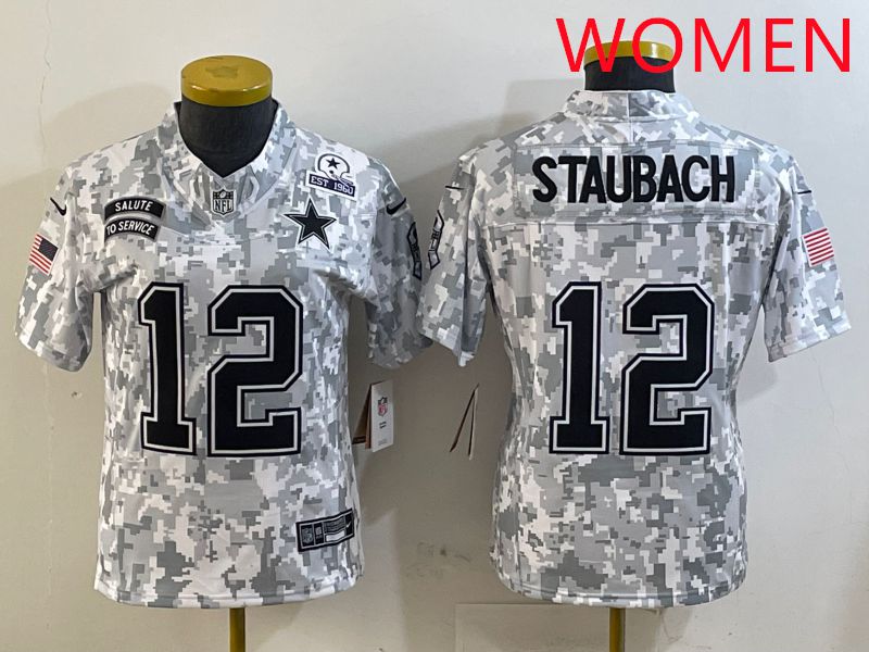 Women Dallas Cowboys #12 Staubach Camo Nike Olive Salute To Service Limited NFL Jersey style 4->youth mlb jersey->Youth Jersey